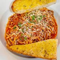 Spaghetti Bolognese · Spaghetti tossed with our home made Meat sauce , finished with Parmesan cheese and fresh Ita...