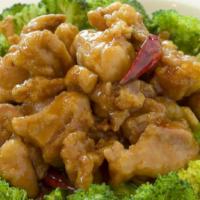 General Tao'S Chicken · Chunks of breaded chicken in a special spicy sauce, garnished with broccoli.