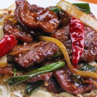 Mongolian Beef · Spicy dish. Popular favorites. Tender sliced beef stir-fried with scallions and onions in a ...