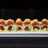 Crazy Tuna Roll · Seared black pepper tuna, avocado topped with spicy mayo and crunchies.