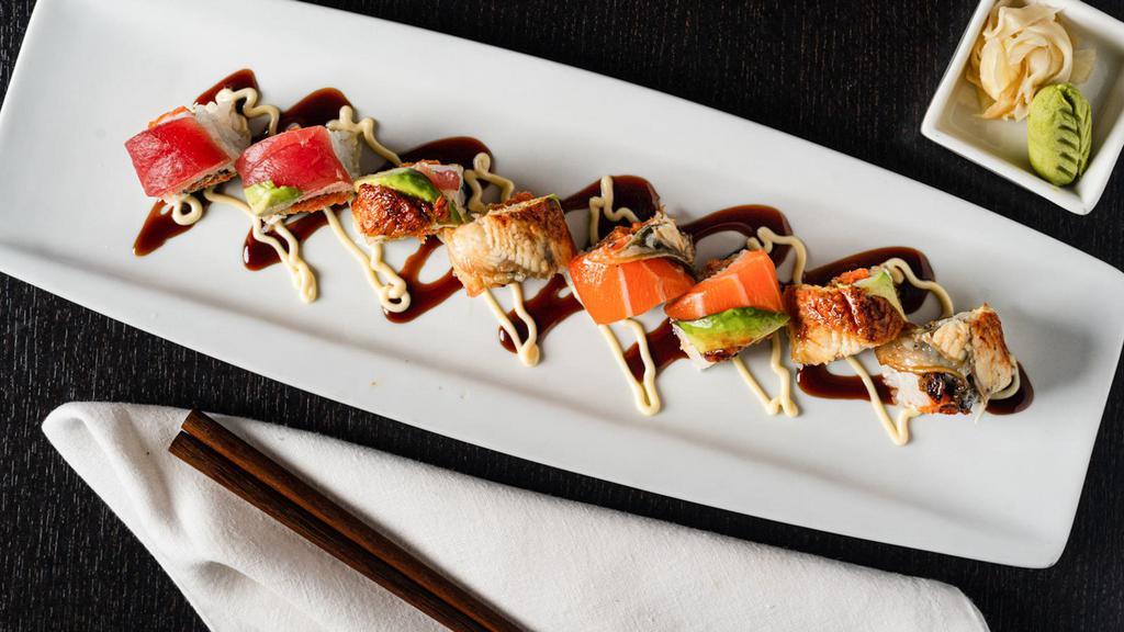 Sushi Platter · Nine pieces of nigiri sushi and salmon roll.