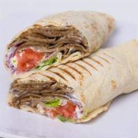 Gyro Wrap · Thinly sliced slow roasted beef and lamb, red onions, pickles, lettuce, feta cheese, cubed t...