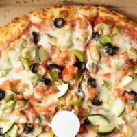 Vegetarian Pizza · Onions, mushrooms, bell peppers, zucchini, olives, tomatoes, and extra cheese.