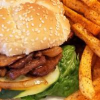 Beefless Grateful Burger With Seasoned Fries · Bbq beef less, onions, mushrooms sautéEd in our savory homemade sauces, with cucumbers, lett...