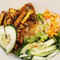 Noble Noodle Bowl With Saute Tofu · Large bowl of rice vermicelli noodle, lettuce, cucumber, pickled carrot and daikon, side of ...