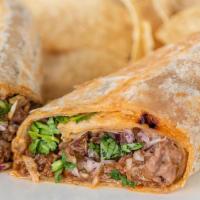 Birria Burrito · Flour tortilla filled with refried beans, shredded beef, cilantro and diced red onion.