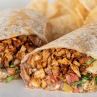 Chicken Burrito · Flour tortilla filled with refried beans, mesquite grilled chicken, diced cabbage, diced red...