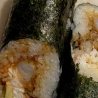 Dragon Burrito · Eel, avocado, shrimp, tempura, masago, eel sauce, sriracha Crab salad