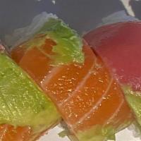 Rainbow Roll · Salmon, tuna Avocado on top, crab salad, cucumber, inside 9pc