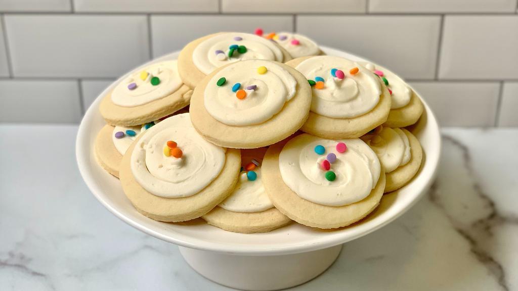 Buttercream Sugar Cookies (6) · Our signature sugar cookies are topped with our in-house, made from scratch buttercream recipe. 
Approx. 3