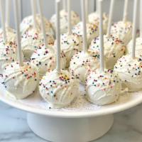 Vanilla Cake Pop · Vanilla cake pop dipped in white chocolate. Sprinkles may vary. Customization not available.