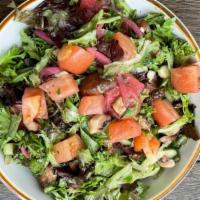 House Salad · Mixed Greens, Marinated Tomato, Mushroom, Shallot, Pickled Radish and Jalapeno, Pepperoncini...