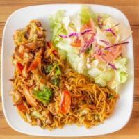 Chicken Yakisoba Noodles · yakisoba noodles with chicken, carrots, broccoli, cabbage, teriyaki sauce, side salad