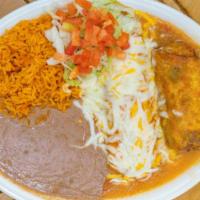 #4 Crispy Relleno, Tamale, Chicken Enchilada · Served with rice and beans.