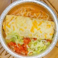 Chicken · Flour Tortilla filled with whole beans, rice, shredded chicken, smothered with green chile a...