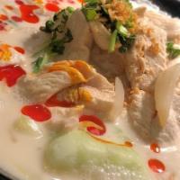 D Tom Kha Noodle Soup · egg noodle, bean sprout, onion, mushroom, bok choy, green onion medley, garlic oil, coconut ...