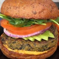 Mean Bean · #LiveHealthy - Housemade black bean patty, spinach, onion, tomato, avocado and spicy hummus ...