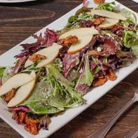 Gorgonzola And Apple Salad · Mixed greens, gorgonzola, apples, spicy candied walnuts, dried cherries, and balsamic vinaig...