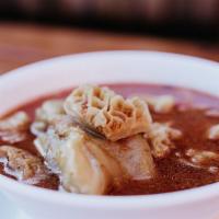 Menudo Soup · A traditional mexican soup, made with honeycomb beef, beef feet in broth with chili pepper b...