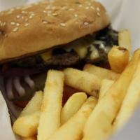 Cheeseburger And Fries · lettuce, tomato, pickles & onion