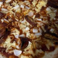 Bbq Chicken Pizza · BBQ sauce, chicken, onions.