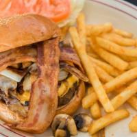 Tiffany Burger (Grilled Onions, Bacon, Mushrooms And Cheese) · with fries