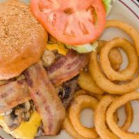 Paul Bunyon (Monster With Extra Cheese And Bacon Or Mushrooms) · with fries