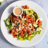 The Greek Salad Mystery · Romaine, feta cheese, pesto, olives, onion, cucumber, tomato, lemon juice, salt, pepper, and...