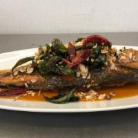 Tamarind Seabass · Crispy whole branzinoseabass with homemade tamarind sauce.