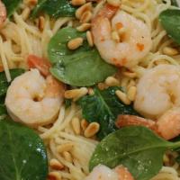 Shrimp Portofino · A buttery garlic sauce, fresh spinach, spaghetti and pine nuts.