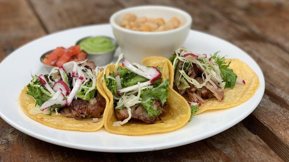 Tres Street Tacos · Choice of topping served with corn tortillas, our white-garbanzo bean medley & salsa.