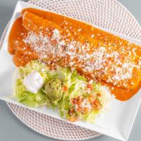Burrito Asado · Wrapped on a flour tortilla with rice, refried beans, and your choice of meat of chicken or ...