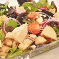 Chicken & Strawberries Salad  · Grilled chicken, feta cheese, fresh strawberries, Romain, bacon bits, sliced almonds, onions...