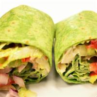 Vegan Wrap · Romaine lettuce, avocado, tomatoes, onions, green peppers, cucumber, spinach wrap,