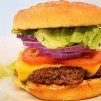 Angus Burger.  · Regular Drink Included. 
6oz Angus burger, American cheese, Lettuce, Tomato, Onions.