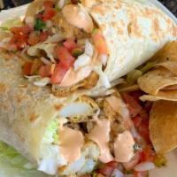 Fish Burrito · Fried fish, Lettuce. Mexican Salsa (Pico), and Chipotle Sauce