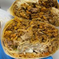 Mecca Burrito · Carne Asada, Al Pastor, Grilled Chicken, Carnitas, Lamb Meat, Guacamole, Sour Cream , Rice, ...