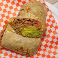 Bionic Burrito · Carne Asada, Spam, Cheese, Sour Cream, Guacamole, Grilled Cheese, and Chipotle Sauce
