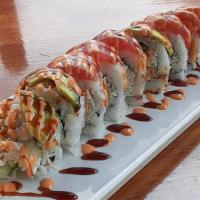 Washington Roll · Topped Salmon and Avocado with Sushi Sauce and spicy Mayo on California Roll