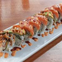 Hawaiian Roll · Topped Salmon and Avocado with Sushi Sauce and spicy Mayo on California Roll