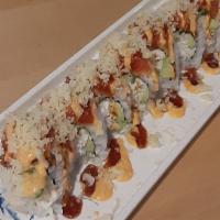 Kamikaze Roll · Topped spicy tuna with sushi sauce, spicy mayo and tempura flakes on California roll