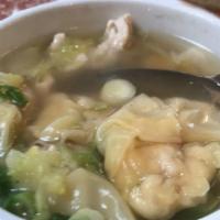Wonton Soup · Wonton filled with shrimps and ground pork, served with BBQ pork, bean sprout, spinach and c...