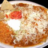 #10 Two Enchiladas · Choose from: Cheese, Beef, Chicken or Beans
W/ Lettuce, Tomatoes & Sour Cream