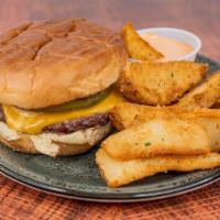 Simple Burger - Single Patty + Potato Wedges + Drink · Single patty burger combo includes potato wedges and drink