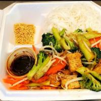 Veggie & Tofu With Noodle · Includes peanuts, lettuce, beansprouts, cucumbers, pickled carrots, and soy sauce.
