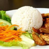 Grilled Chicken With Steamed Rice · Includes lettuce, cucumbers, pickled carrots, and sweet fish sauce. Add meat, rice or noodle...