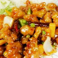 General Tso'S Chicken · Served with white steamed rice and salad.