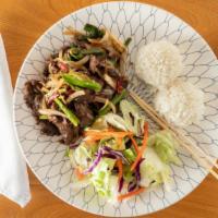 Mongolian Beef · Served with white steamed rice and salad.
