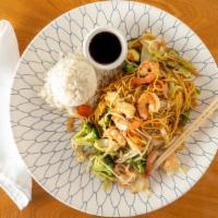 Prawn Yakisoba · Served with white steamed rice and salad.