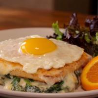 Florentine Croque Madame Breakfast · Fresh baby spinach, layered with bechamel, Gruyere and Parmesan cheese baked on our box Fren...